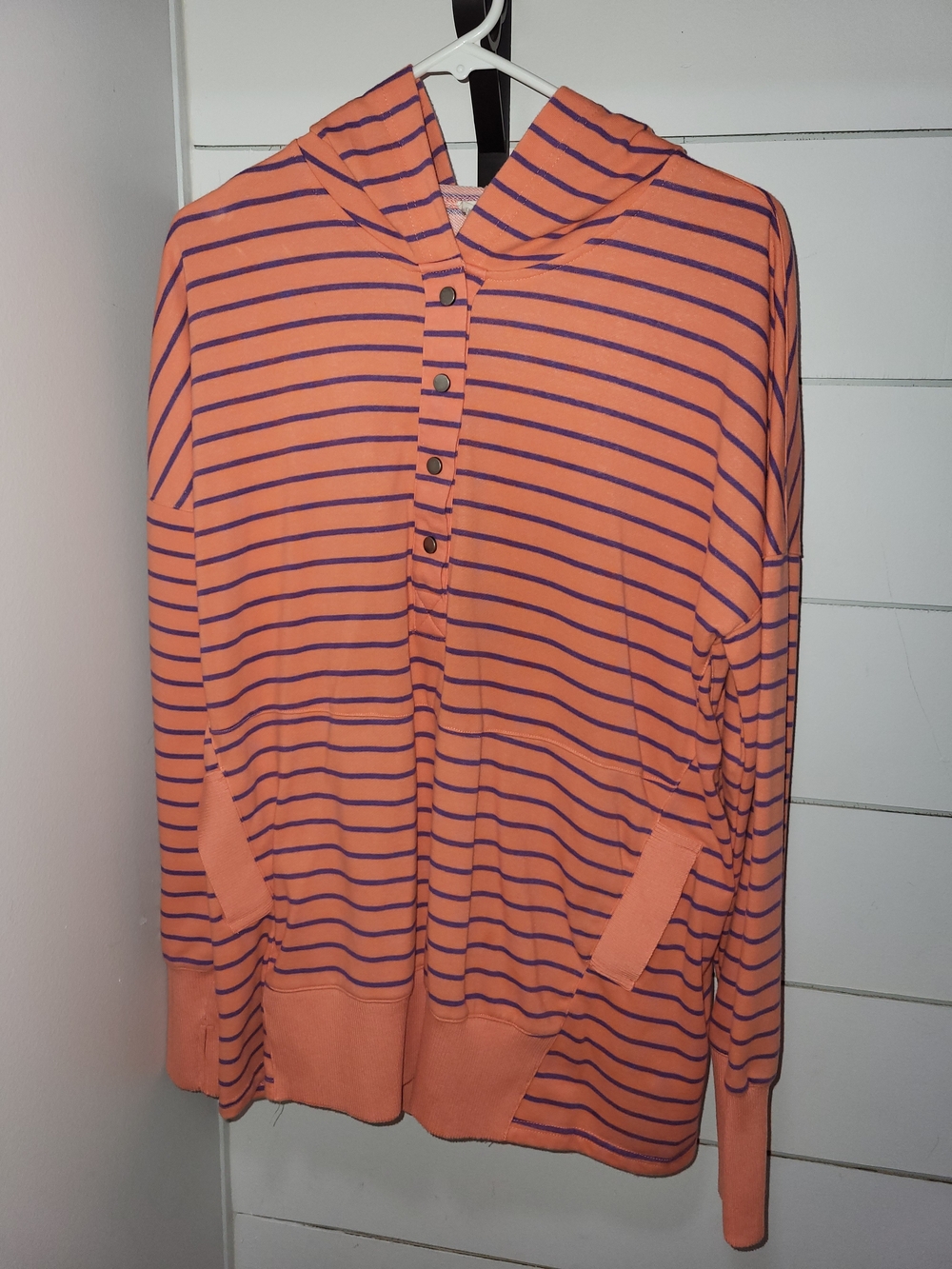 Women's BiBi Peach and Navy Striped Hooded Pullover